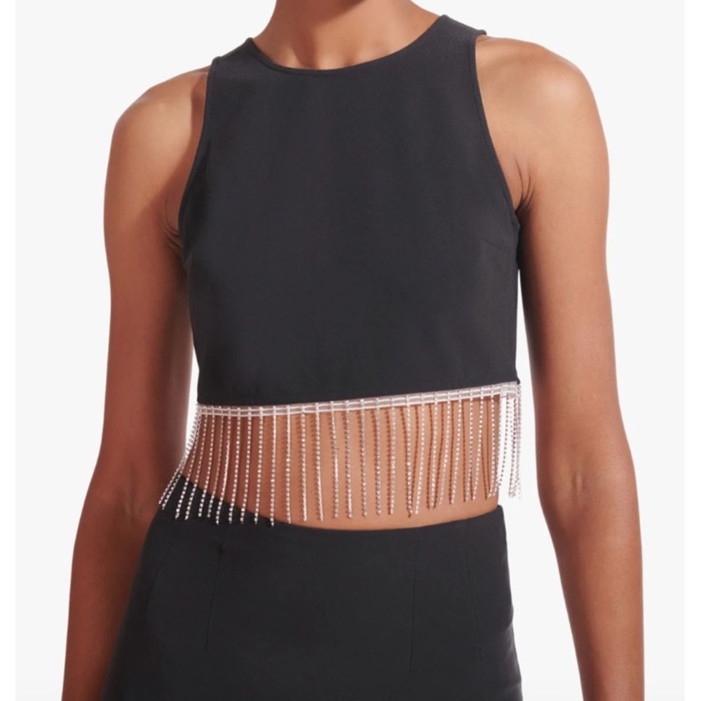 STAUD Black Cropped Tank with Rhinestone Fringe